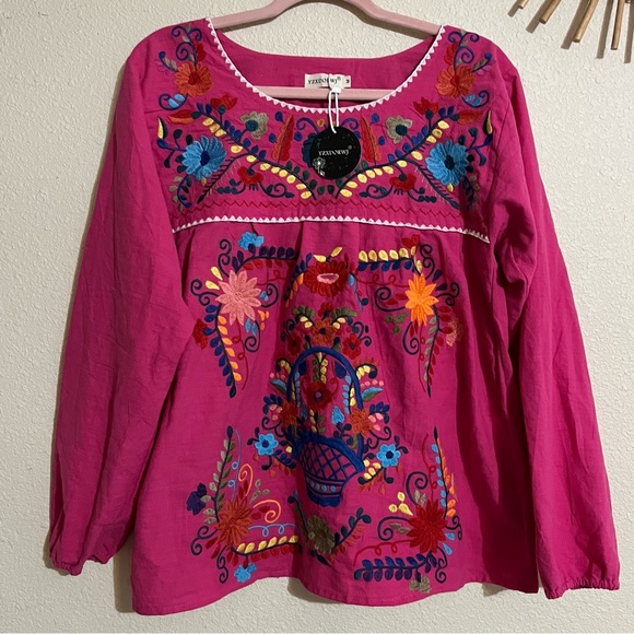 Tops - Mexican Fiesta Floral Embroidered Blouse